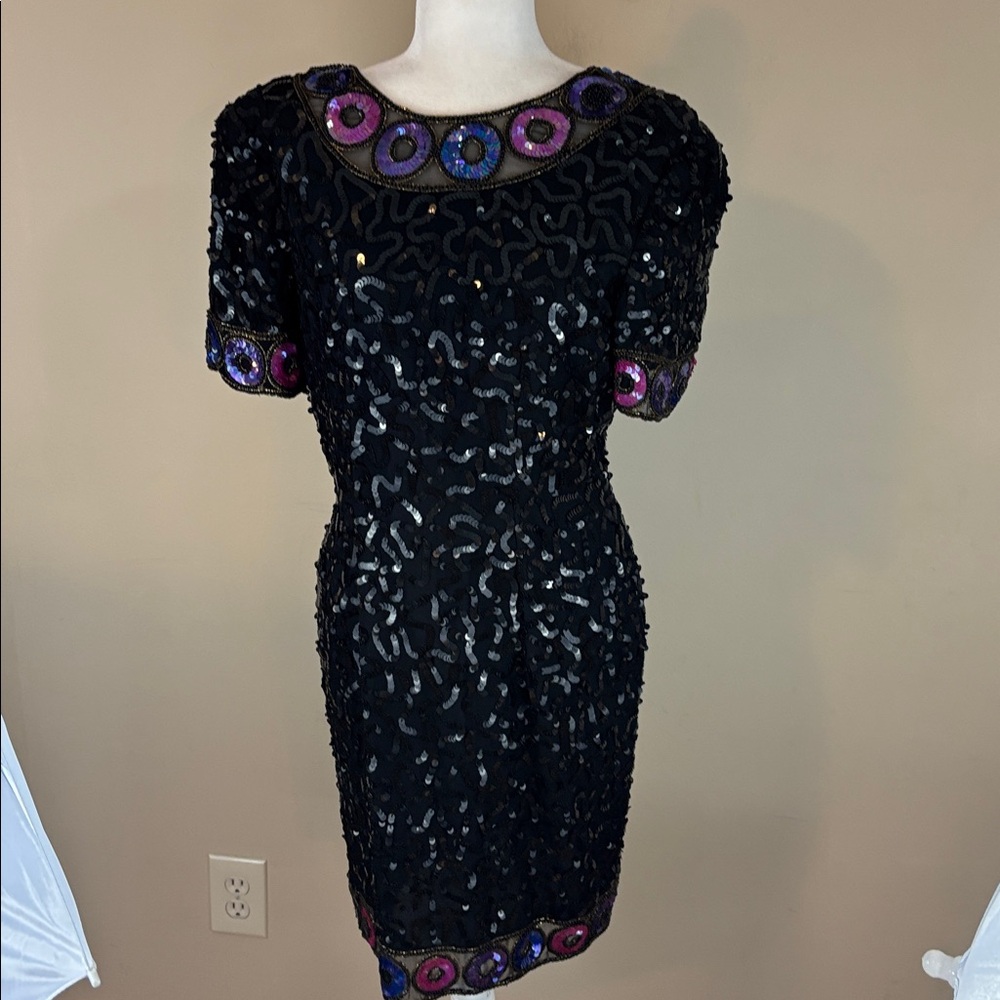 Black Sequin Short Sleeve Cocktail Dress with Purple Accent